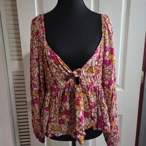 Patrons Of Peace Floral Tie Front Top Festival Boho Western Flowy Size Large